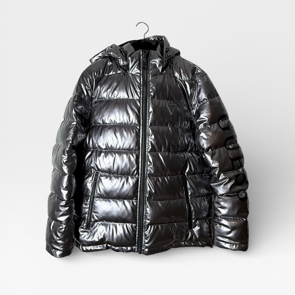 GUESS Men's Holographic Hooded Puffer Jacket GRAPHITE Shine glossy finish Size L